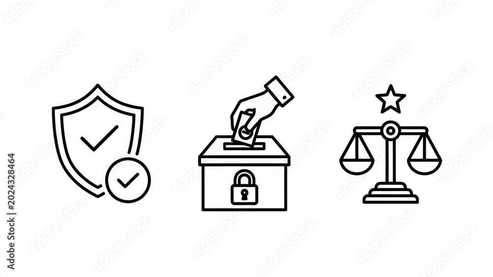 Fototapeta premium Legal compliance and security verification icons with security verification compliance integrity protection government democracy fairness regulation election judiciary certification