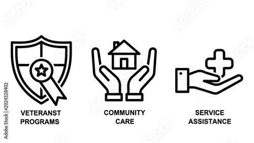 Set of line icons representing veteran programs community care service assistance with programs community assistance protection volunteer organization nonprofit insurance security humanity