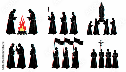 Tableau sur toile Medieval monks, friars, and clergy vector icons, black silhouettes, religious fi