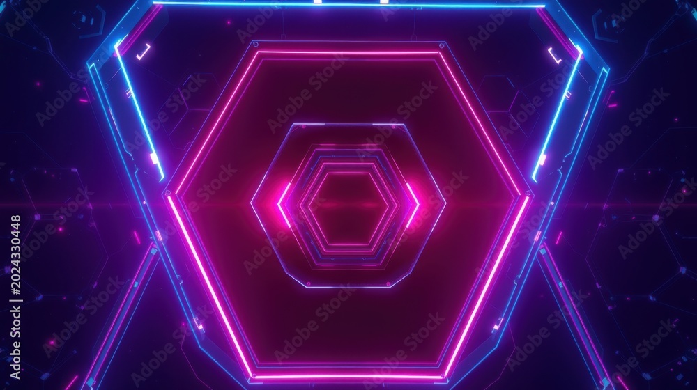 Fototapeta premium Neon hexagons create tunnel illusion. Vibrant pink, blue lights dominate dark background. Futuristic design evokes digital space.