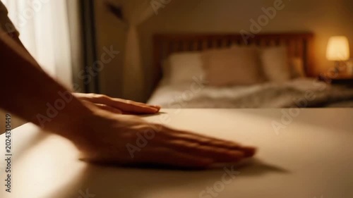A person's hand resting on a table in a dimly lit room with a bed
