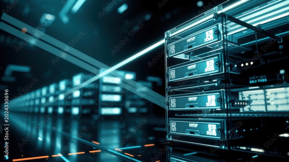 Fototapeta premium Data center rows extend into darkness. Blue lighting highlights server racks, creating futuristic tunnel effect. Technology infrastructure visible.