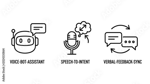 Voice assistant speech to intent verbal feedback sync icons with chat bubble artificial intelligence user interface feedback loop digital assistant microphone communication technology dialogue