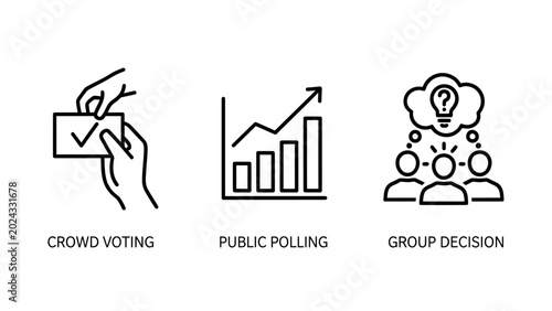 Crowd voting public polling group decision making icons for social issues and community engagement with decision election consensus democracy selection referendum checkmark analysis statistics