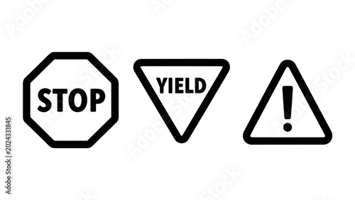 Black and white road sign icons set featuring stop yield and warning triangle symbols on white background regulation transport direction triangle exclamation collection illustration isolated