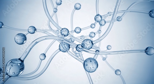 Abstract network of transparent spheres and interconnected tubes representing molecular structure or neural connections science and technology concept