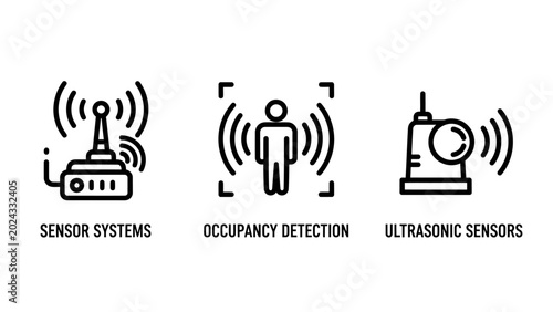 Smart sensor technology icon set featuring occupancy detection and ultrasonic systems technology occupancy ultrasonic detection electronic automation monitoring detectors infrared security