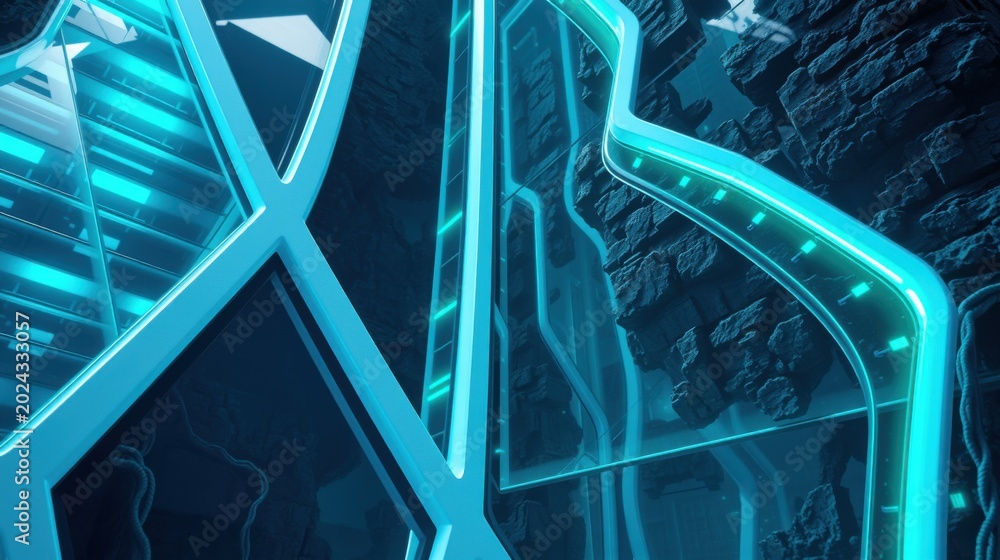 Fototapeta premium Futuristic interior, glowing blue lines form complex geometric patterns. Dark rocky textures contrast bright illumination. Dramatic perspective.