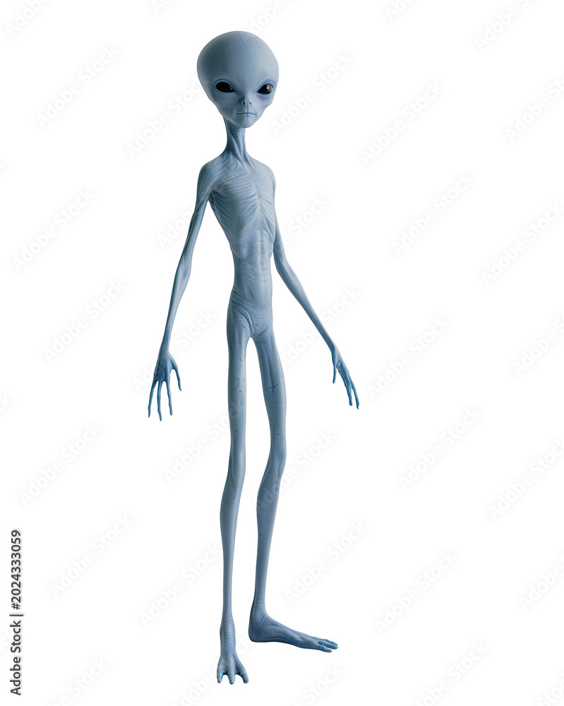Fototapeta premium Tall pale humanoid alien with elongated limbs isolated on black background for extraterrestrial science fiction fantasy character concept