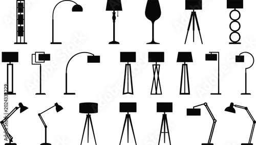 Foto Modern Floor Lamp and Desk Light Black Silhouette Icon Set Featuring Arched, Tri