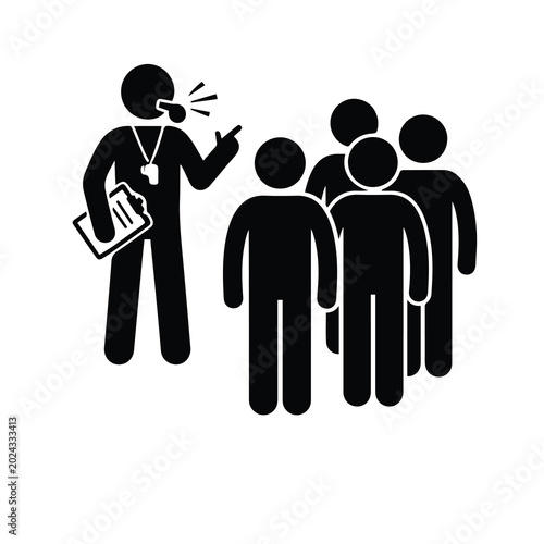 Tableau sur toile Coach blowing whistle instructing a team of players