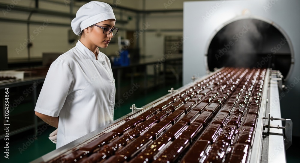 Obraz premium Manufacturer confectionery chocolate manufacturing concept showing female confectioner inspecting vibrating moulds filled with liquid chocolate highlighting temper control precision sweet production