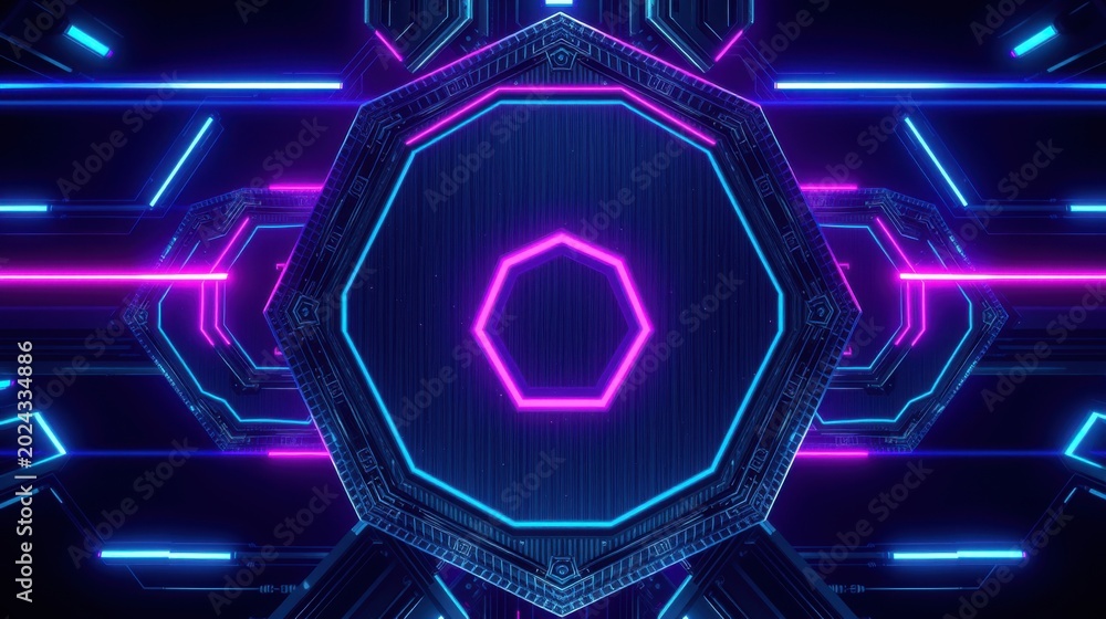 Fototapeta premium Neon hexagon tunnel. Blue, pink lights create futuristic corridor. Dark background emphasizes glowing geometric shapes. Symmetry dominates composition.