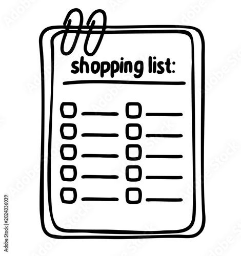 Hand Drawn shopping list checklist with blank grocery items. Minimal monochrome notepad illustration for planning, organization and household errands. Simple icon isolated on light background