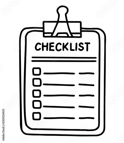 Checklist clipboard with blank task lines. Minimal outline planner icon for productivity and organization. Handdrawn office illustration isolated on white background. The concept of control and correc