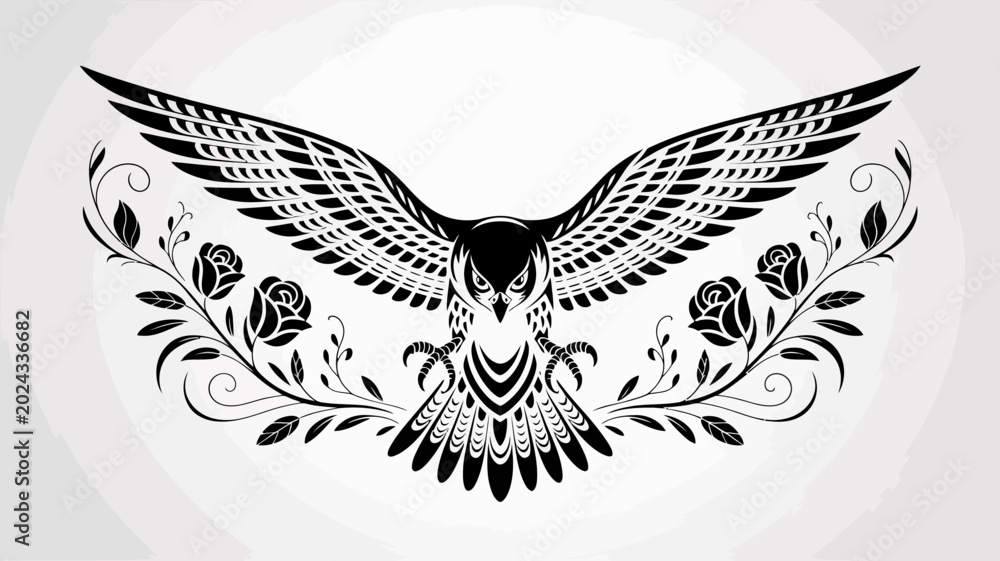 Obraz premium Black and white owl, spread wings, floral design, tattoo style, vector illustration