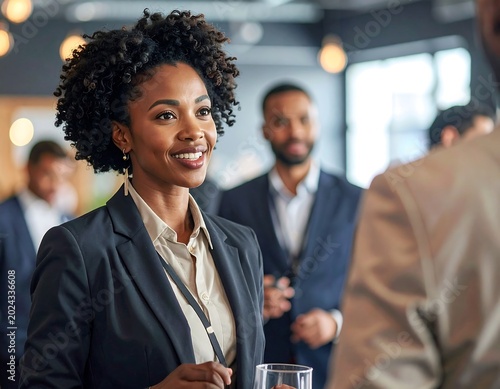 Smiling businesswoman interacting at networking event in professional setting