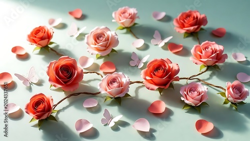 Elegant Arrangement of Roses and Butterflies on Soft Mint Green Background