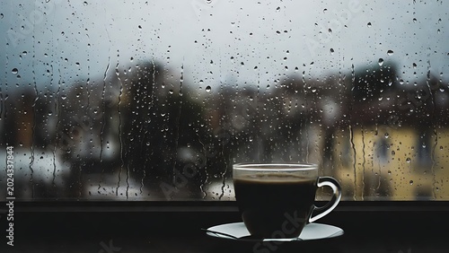 Cozy Coffee Moment with Raindrops on Window in Soft Ambient Light