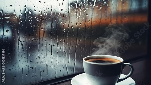 Cozy Coffee Cup with Steam Against Rainy Window on a Gloomy Day