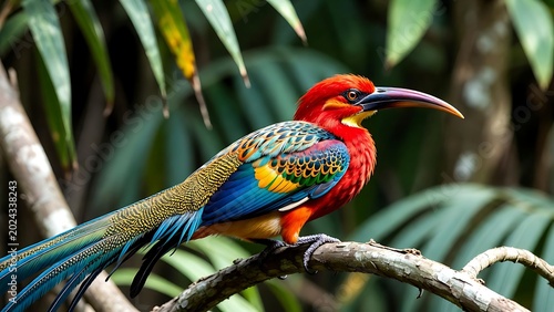 Vibrant Exotic Bird Perched on a Branch Amidst Lush Greenery in Nature