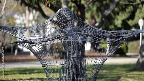 Abstract wire sculpture of a figure with flowing form in a park setting
