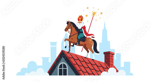 Bild auf Leinwand Saint Nicholas on Horseback on Rooftop, Cityscape Background