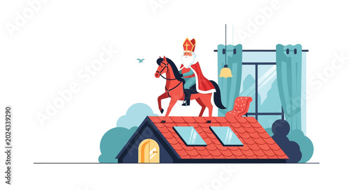 Konstfotografi Saint Nicholas on Horseback on Rooftop, Christmas Holiday Illustration