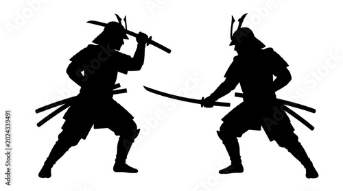 Dynamic graphic illustration of two ancient samurai warriors engaged in a fierce katana sword fight, embodying historical Japanese martial arts