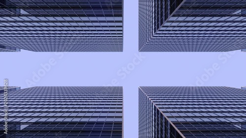 Futuristic skyscraper canyon with reflective glass facades and blue sky. Seamless loop animation for finance, corporate, technology and urban business visuals. Part of series. Beautiful 3d Animation