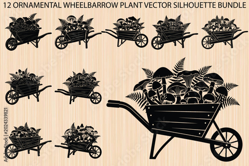 Ornamental Wheelbarrow Plant Vector Silhouettes, Garden Icons, Black Illustrations, 12 Piece Bundle