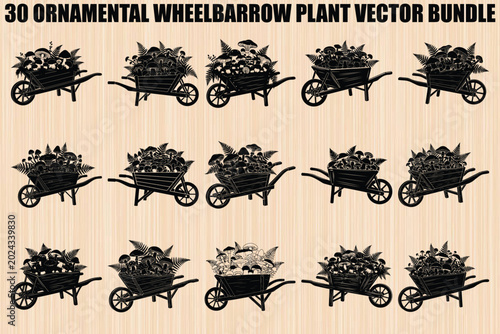 Ornamental Wheelbarrow, Plant Vector Bundle, 30 Black Silhouettes, Gardening Icons, Floral Elements