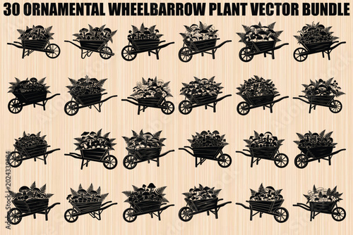 Ornamental Wheelbarrow Plant Vector Bundle, 30 Plant Icons, Garden Elements, Black Silhouettes