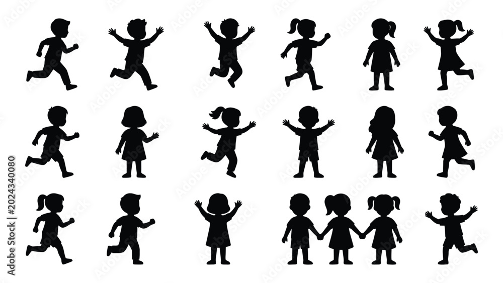 Fototapeta premium collection of playful children silhouettes running and jumping black shapes on a white background silhouette