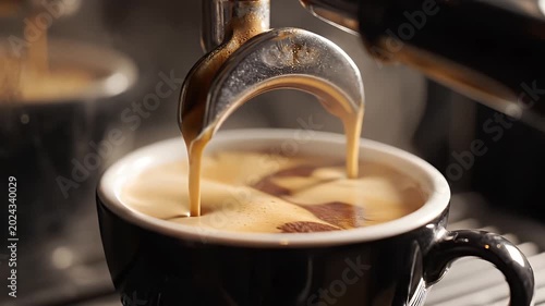 Hot black coffee pouring into ceramic cup in slow motion, steam rising beautifully, cozy cafe atmosphere, cinematic lighting