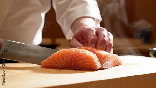 Professional Sushi Chef Slicing Fresh Salmon Cinematic Close Up