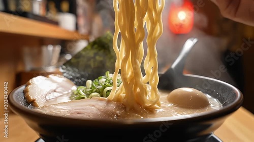 Steaming Japanese Ramen Lifted With Chopsticks Cinematic Close Up