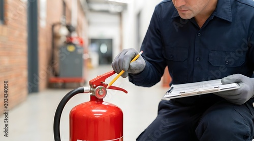 Male Technician Inspector Wearing Uniform Inspecting Red Fire Extinguisher with Clipboard Checking Safety Equipment in Building Hallway, Maintenance Service Prevention Compliance
