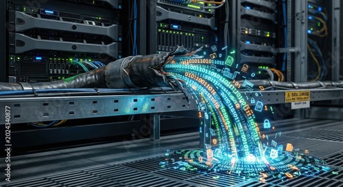 Data breach risk concept visualization shows critical circuit failure with binary code spewing from ruptured cable in server room. Modern network security compromised vulnerability.