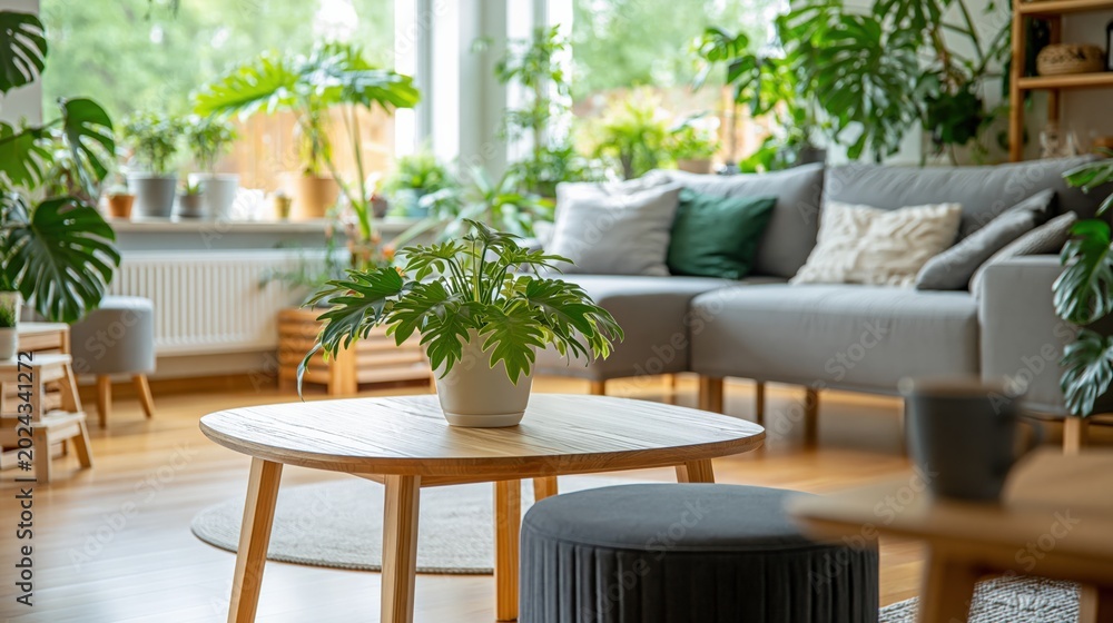 Fototapeta premium Bright and airy living room filled with lush green houseplants and modern furniture