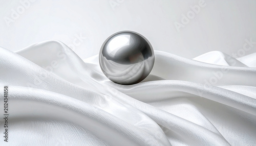 polished chrome sphere resting gracefully amidst the deep, sculpted folds of a luxurious white silk fabric, showcasing rich reflections and elegant fabric waves.
