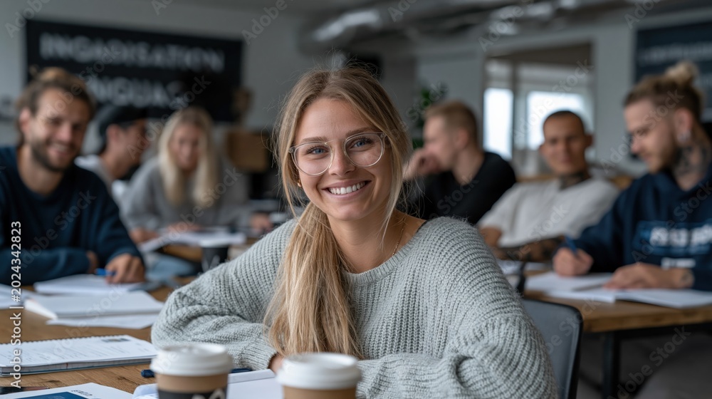 Fototapeta premium Smiling young woman in classroom with diverse students learning together in modern educational setting