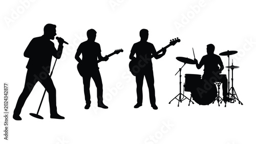Photos Band performing on stage with singer guitarist bassist and drummer in black silh