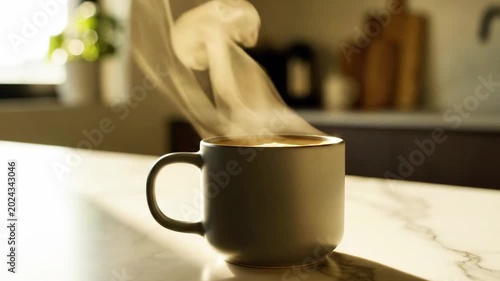 A warm cup of coffee on a kitchen counter with steam rising
