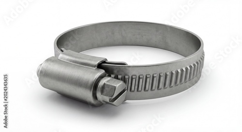 Metal hose clamp with adjustable screw isolated on white background
