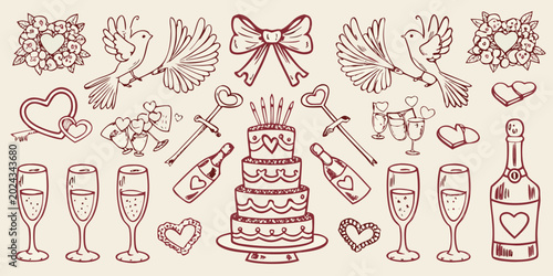 Canvas Print hand drawn wedding and love themed doodles sketch style