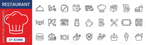 Thin Line Food Restaurant Cafe Delivery and Hospitality Icon Set Collection