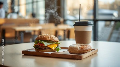 A burger and coffee on a table in cafe