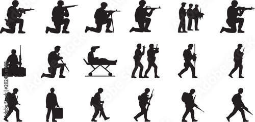 Bild auf Leinwand Set of military soldier icons in various poses, actions, and roles, including medical staff
