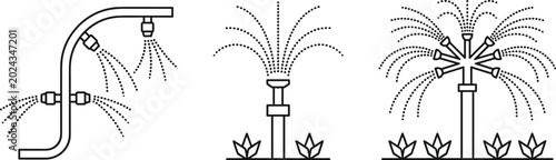 Bild auf Leinwand Garden irrigation system line art icon set featuring automatic water sprinklers